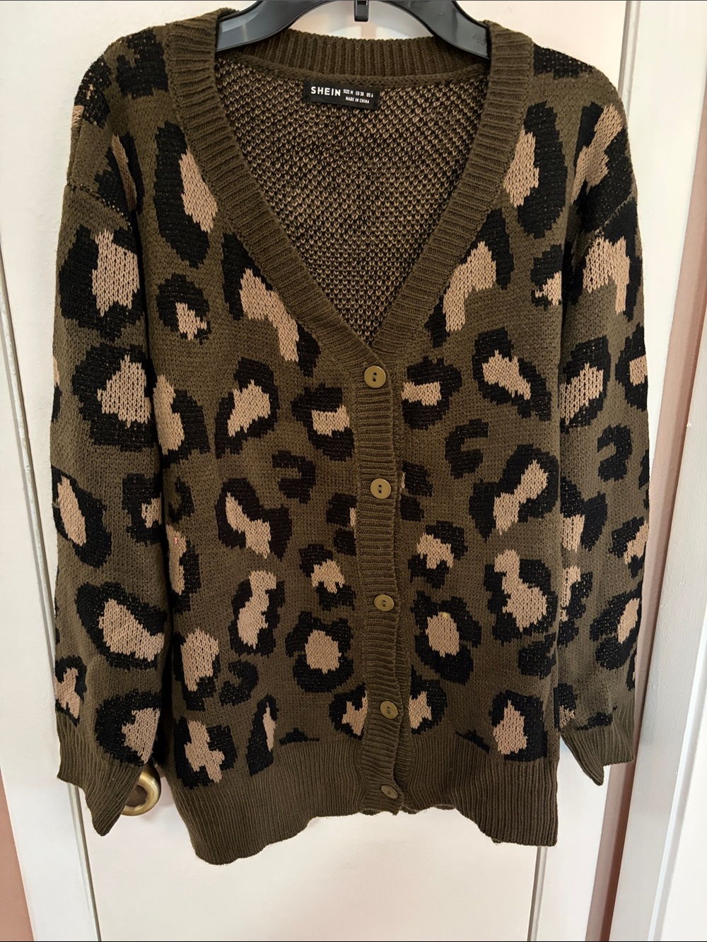 SHEIN Olive, Beige & Black Leopard Print Button Cardigan